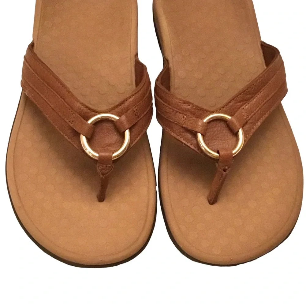 Vionic Tide Aloe Sandals Women’s 10 Brown Leather Strap Thong Toe-Post Flip Flop